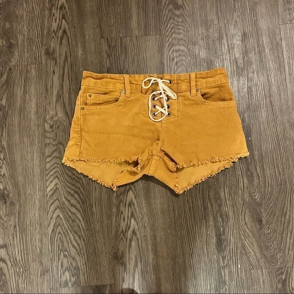 Mustard color Velour tie up shorts - Picture 3 of 5